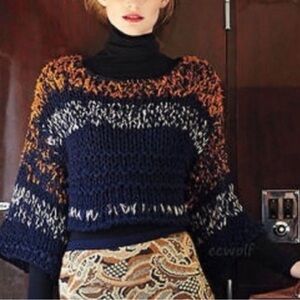 ANTHROPOLOGIE HAND KNIT BY DOLLIE Navy Blue/Orange Cropped Boho Sweater Sz XS